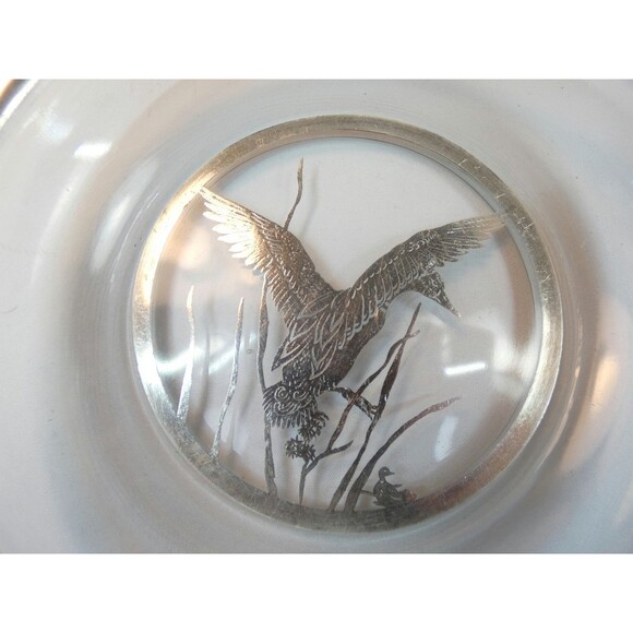 Vtg Sterling Silver Overlay On Crystal Ducks In Flight Ashtray Fine Detail - Picture 3 of 5